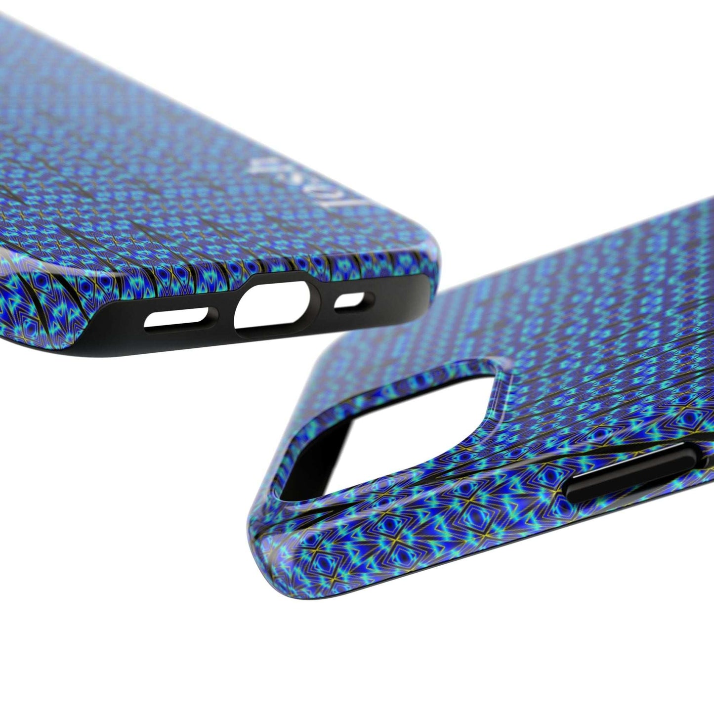 Slim blue geometric tough phone case with glossy finish and rubber liner for iPhone protection