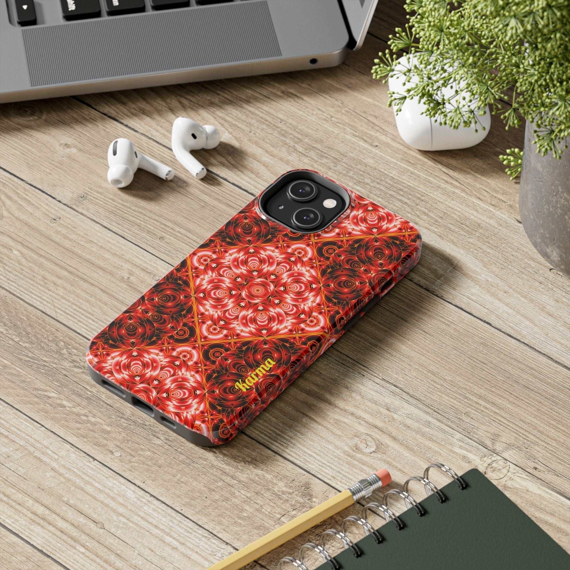 Red Floral Kaleidoscope tough phone case with personalized name and glossy finish