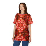 All-over red kaleidoscope tee with vibrant psychedelic pattern and regular fit polyester fabric