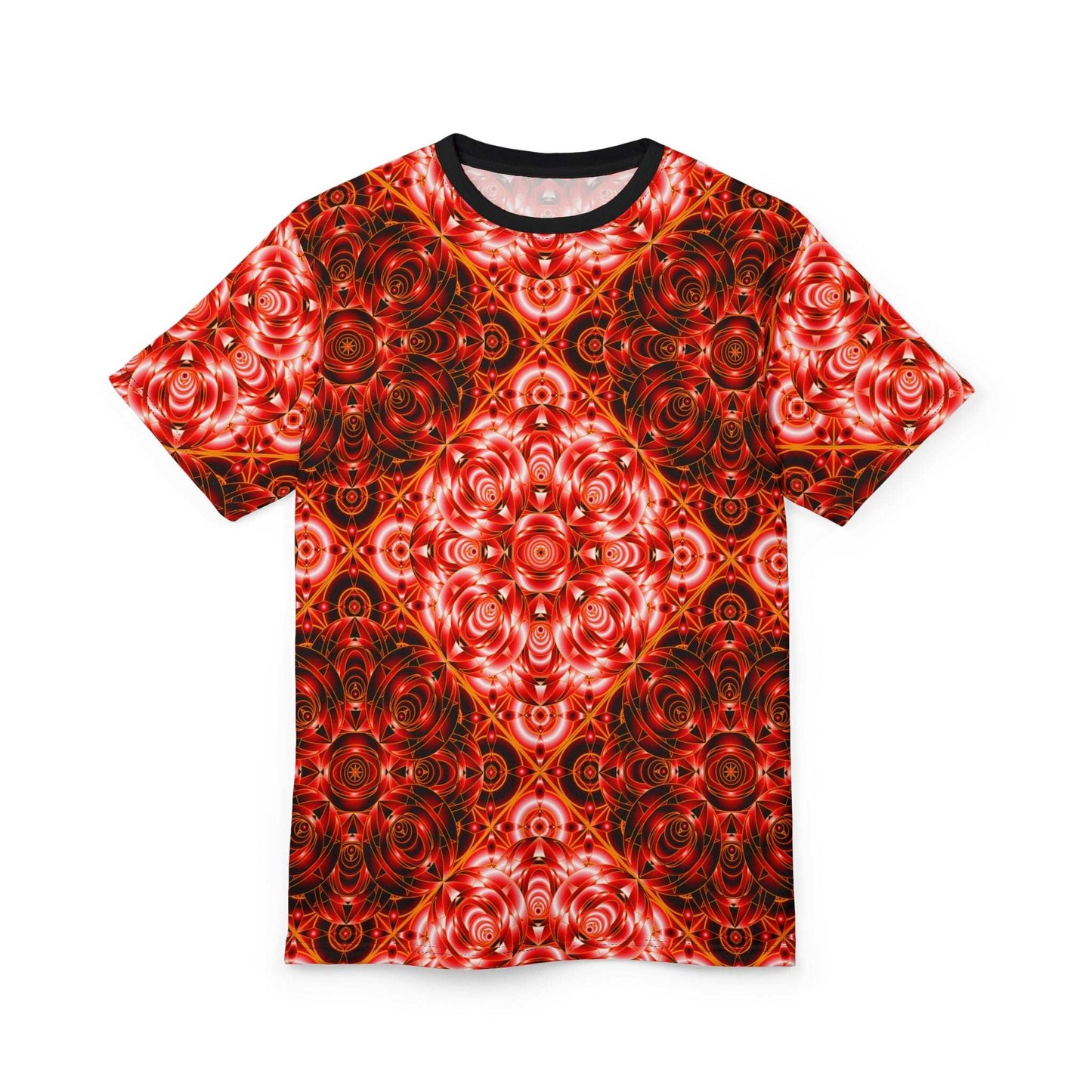 All-Over Red Kaleidoscope Tee — Vibrant Psychedelic Pattern Shirt