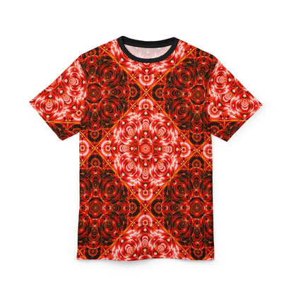 All-Over Red Kaleidoscope Tee — Vibrant Psychedelic Pattern Shirt