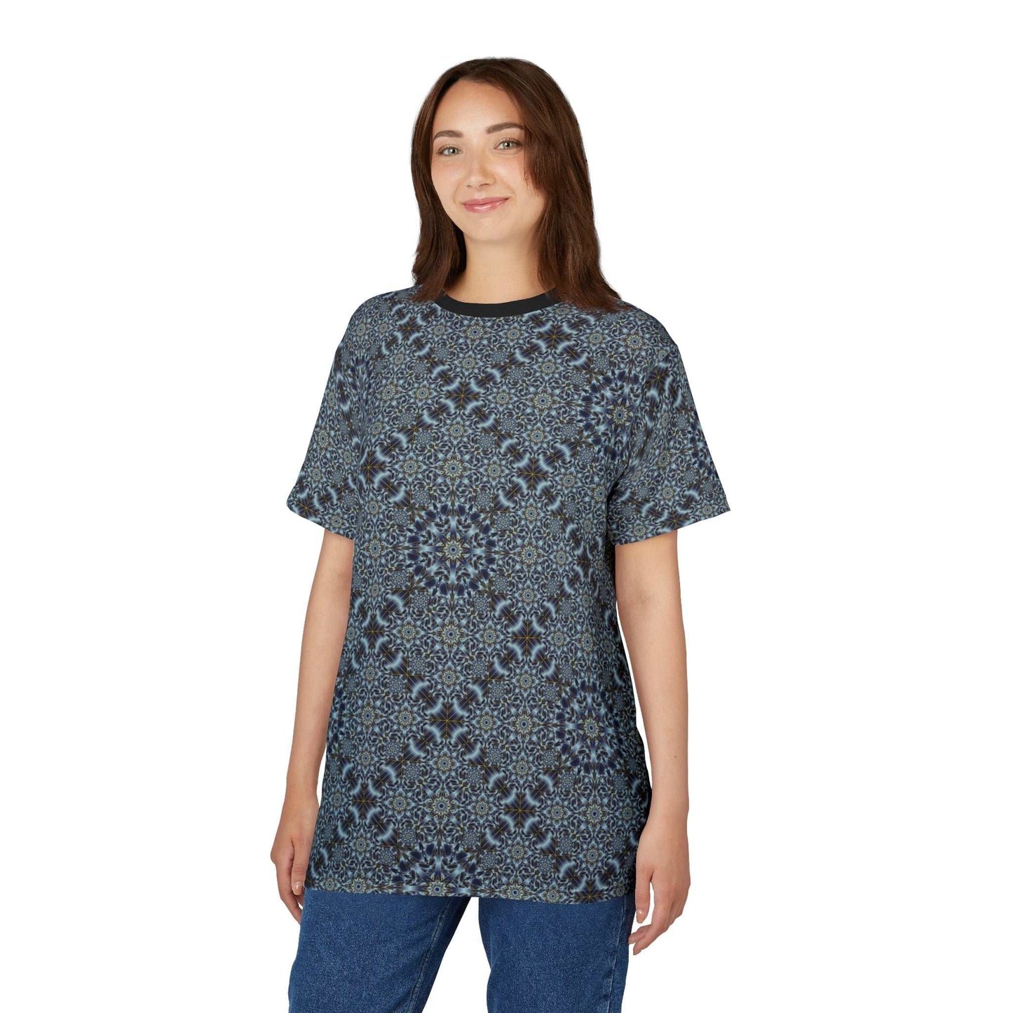 Night Sky Kaleidoscope mandala print tee with deep indigo star patterns and breathable polyester fabric