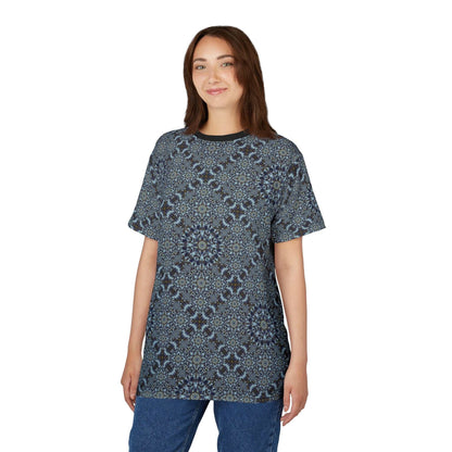 Night Sky Kaleidoscope mandala print tee with deep indigo star patterns and breathable polyester fabric
