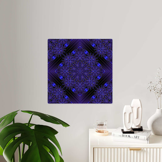 Deep indigo geometric mandala on clear acrylic wall art panel with brushed silver stand-offs