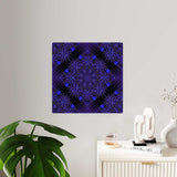 Deep indigo geometric mandala on clear acrylic wall art panel with brushed silver stand-offs