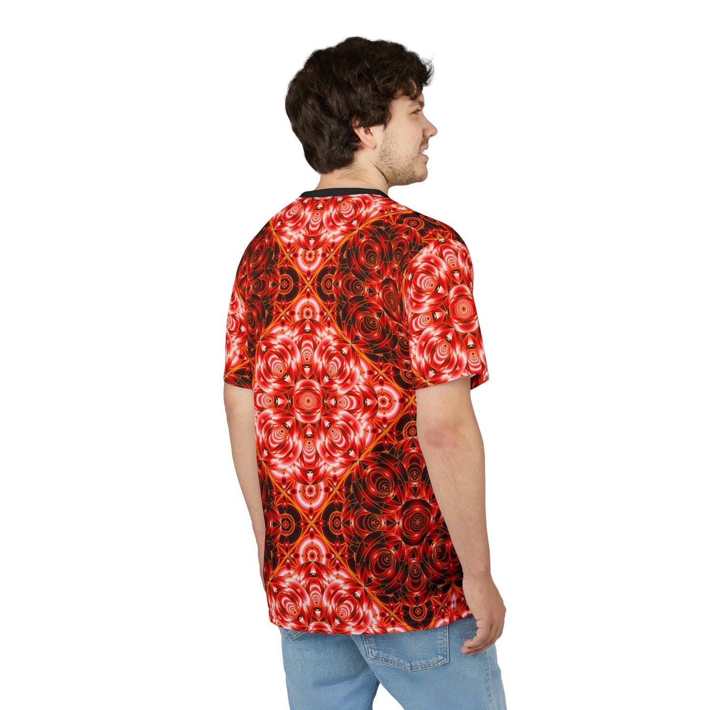 All-Over Red Kaleidoscope Tee — Vibrant Psychedelic Pattern Shirt