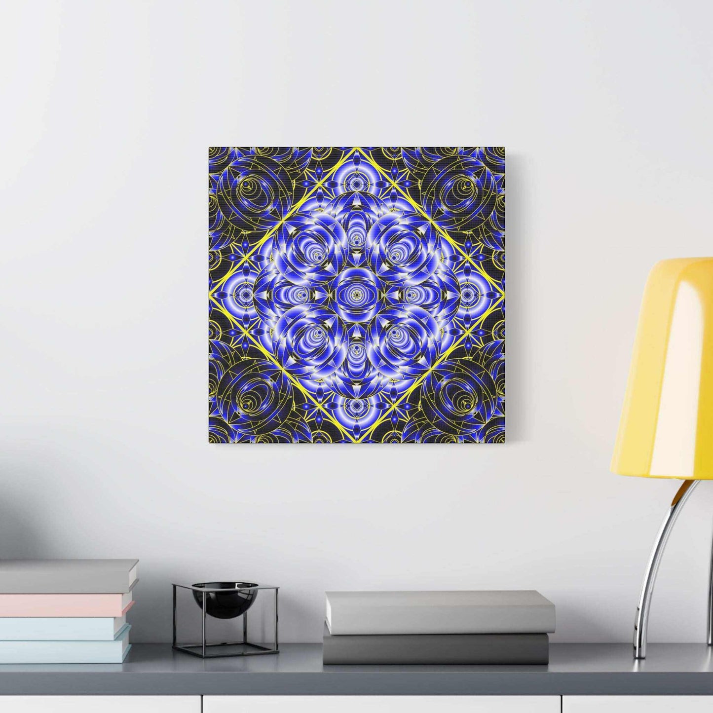 Blue Gold Kaleidoscope Canvas Wall Art – Abstract Geometric Stretched Print