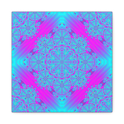 Vibrant Neon Mandala Canvas Art – Turquoise & Magenta Stretched Wall Decor