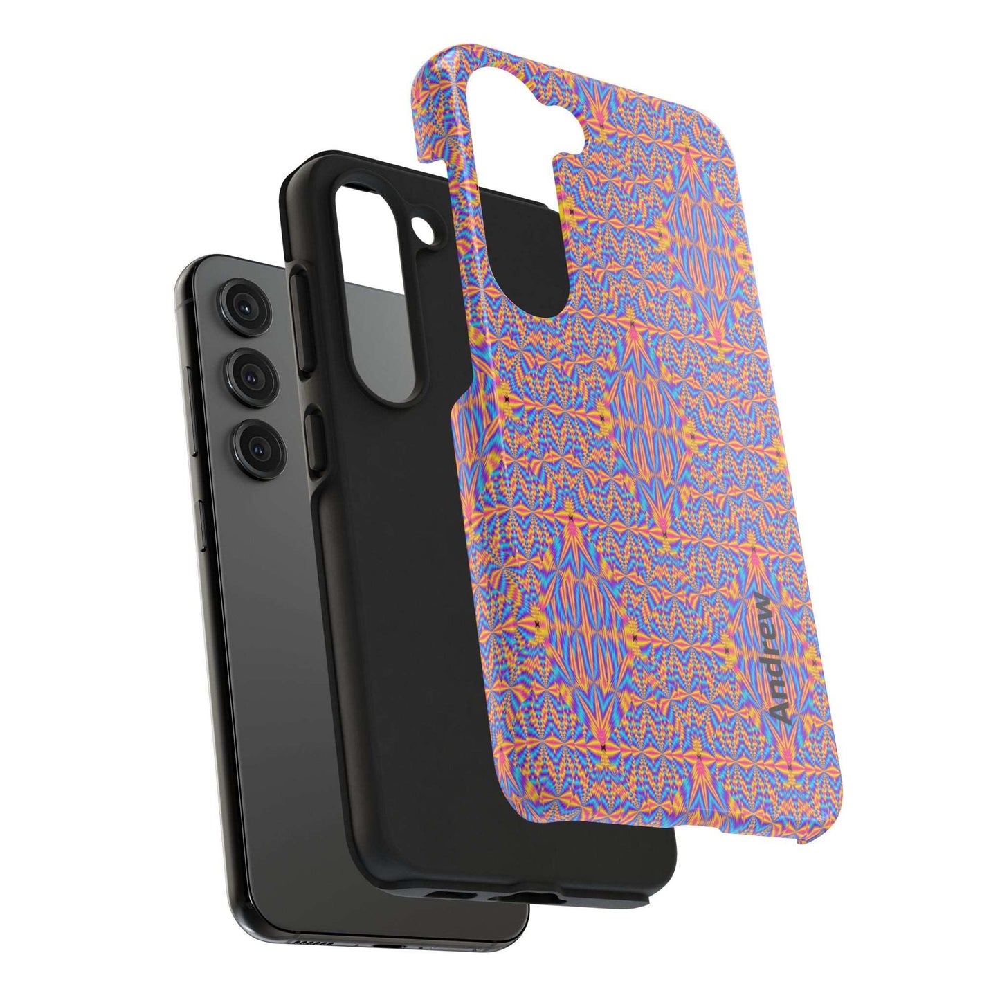 Psychedelic Geometric Tough Phone Case — Vibrant Orange & Purple Protective Cover
