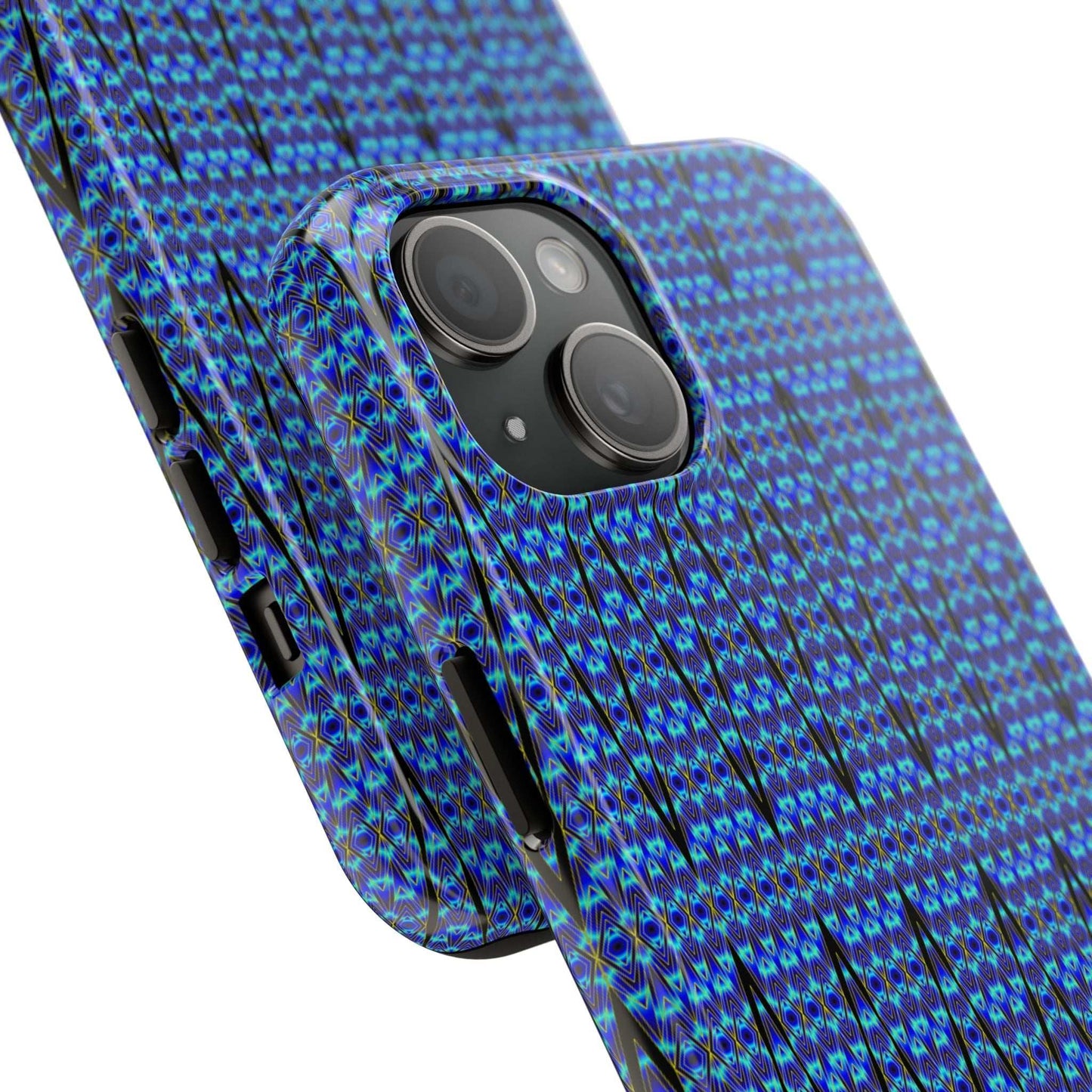 Slim blue geometric tough phone case with glossy finish and rubber liner for iPhone protection