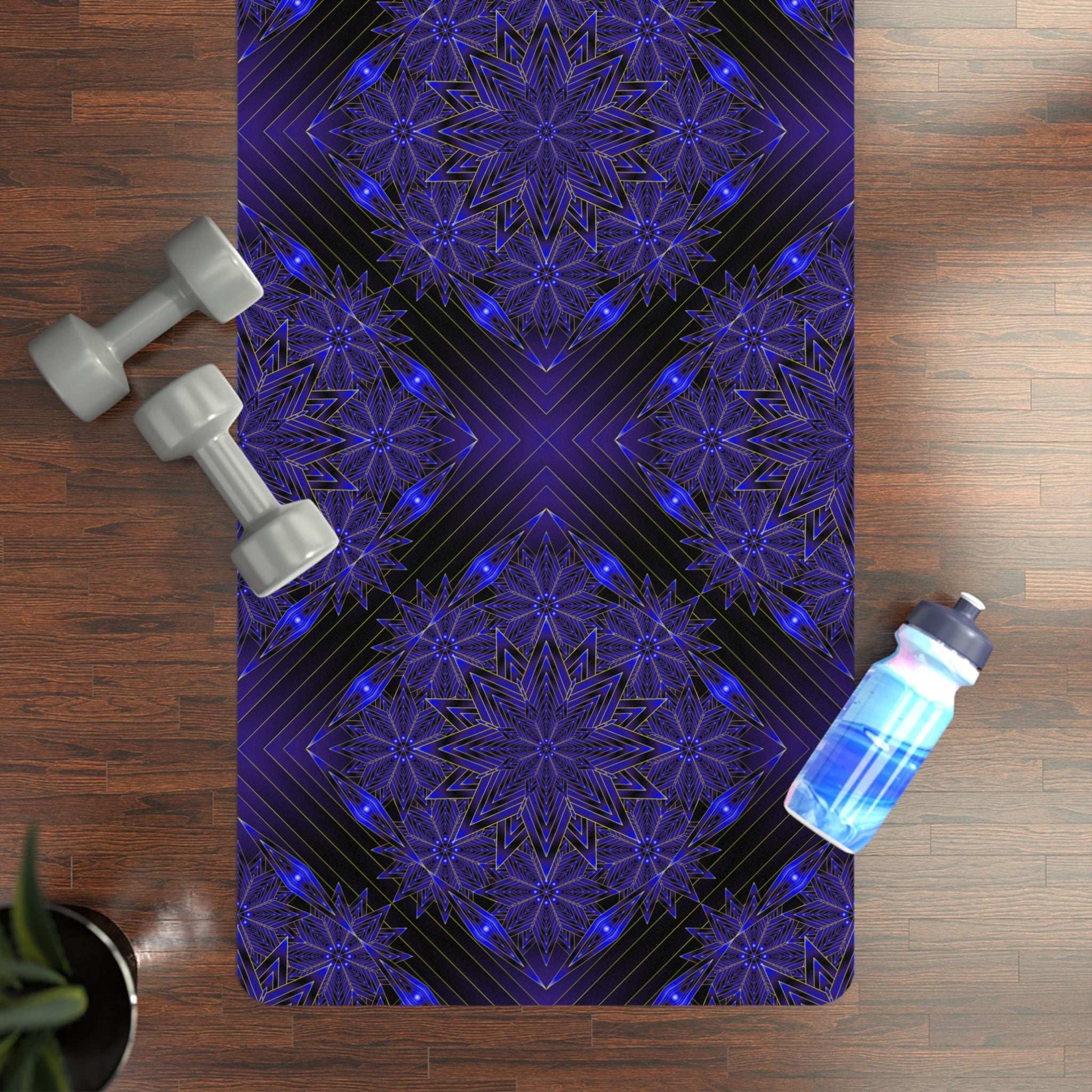 Purple kaleidoscope rubber yoga mat with non-slip mandala design and microfiber suede top
