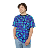 Blue Kaleidoscope All-Over Print Tee with vibrant electric blue and teal mandala pattern on lightweight polyester fabric