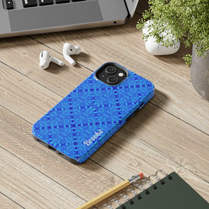 Blue kaleidoscope tough phone case with personalized name and protective two-piece design