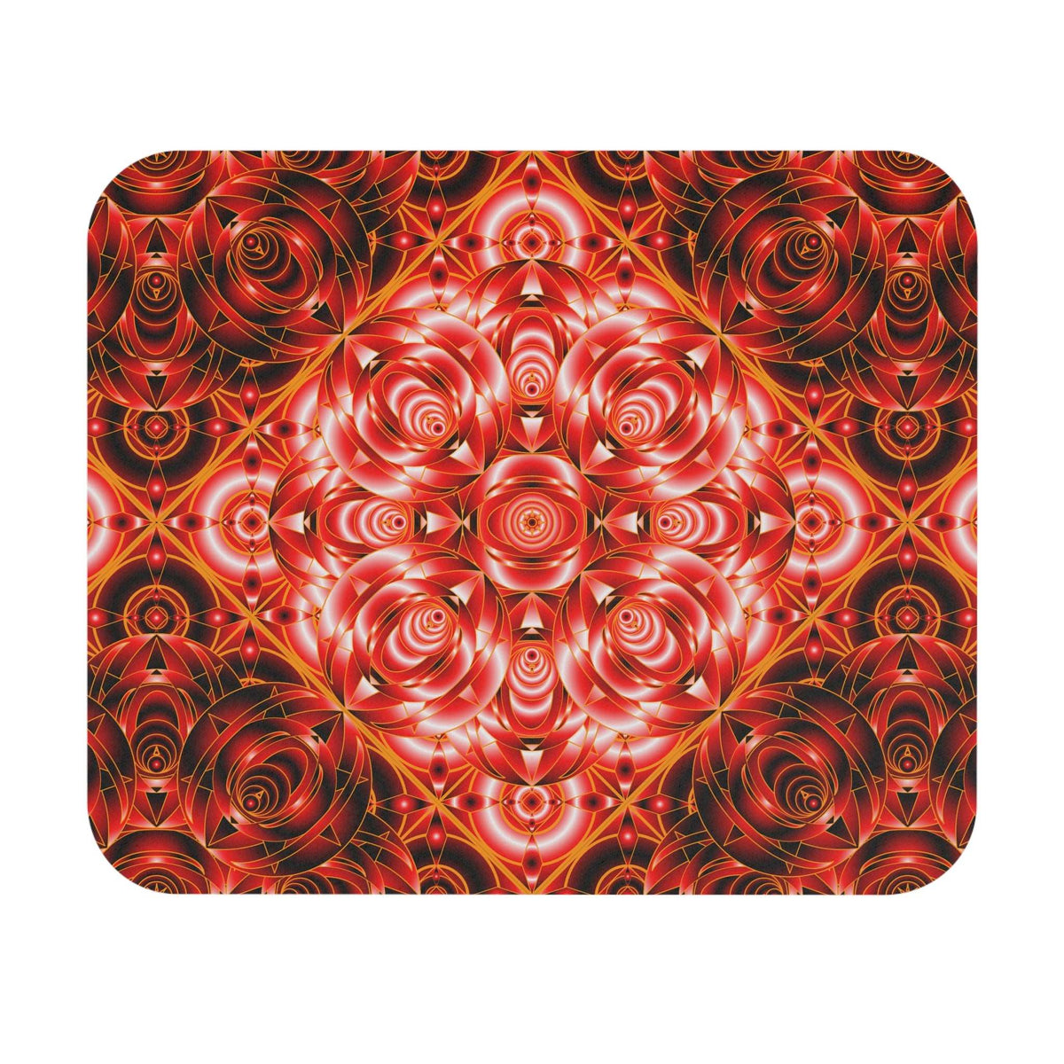 Red Rose Mandala Mouse Pad — Fiery Floral Kaleidoscope Desk Accessory