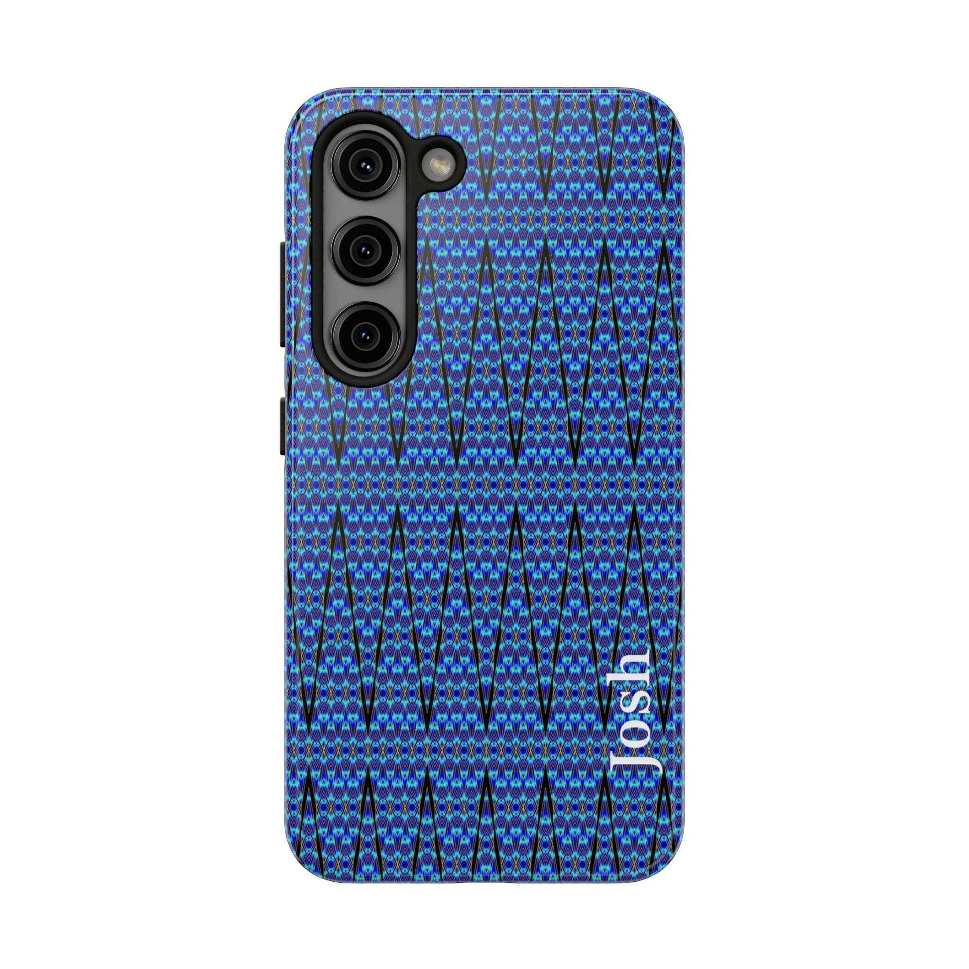 Slim blue geometric tough phone case with glossy finish and rubber liner for iPhone protection