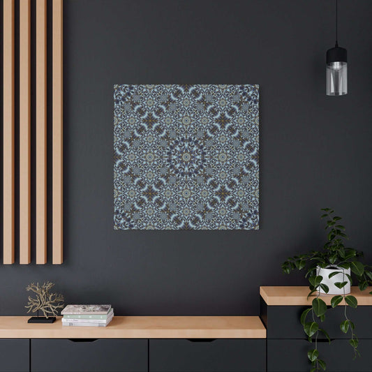 Blue geometric kaleidoscope pattern matte canvas wall art on 1.25" pine frame