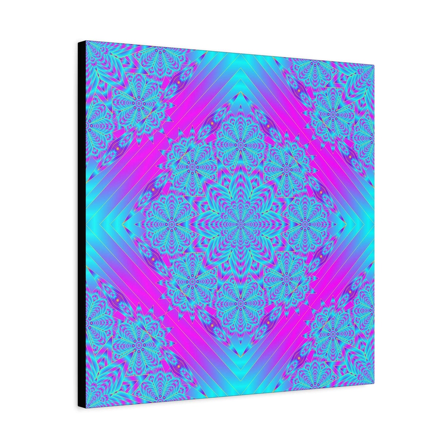 Vibrant Neon Mandala Canvas Art – Turquoise & Magenta Stretched Wall Decor