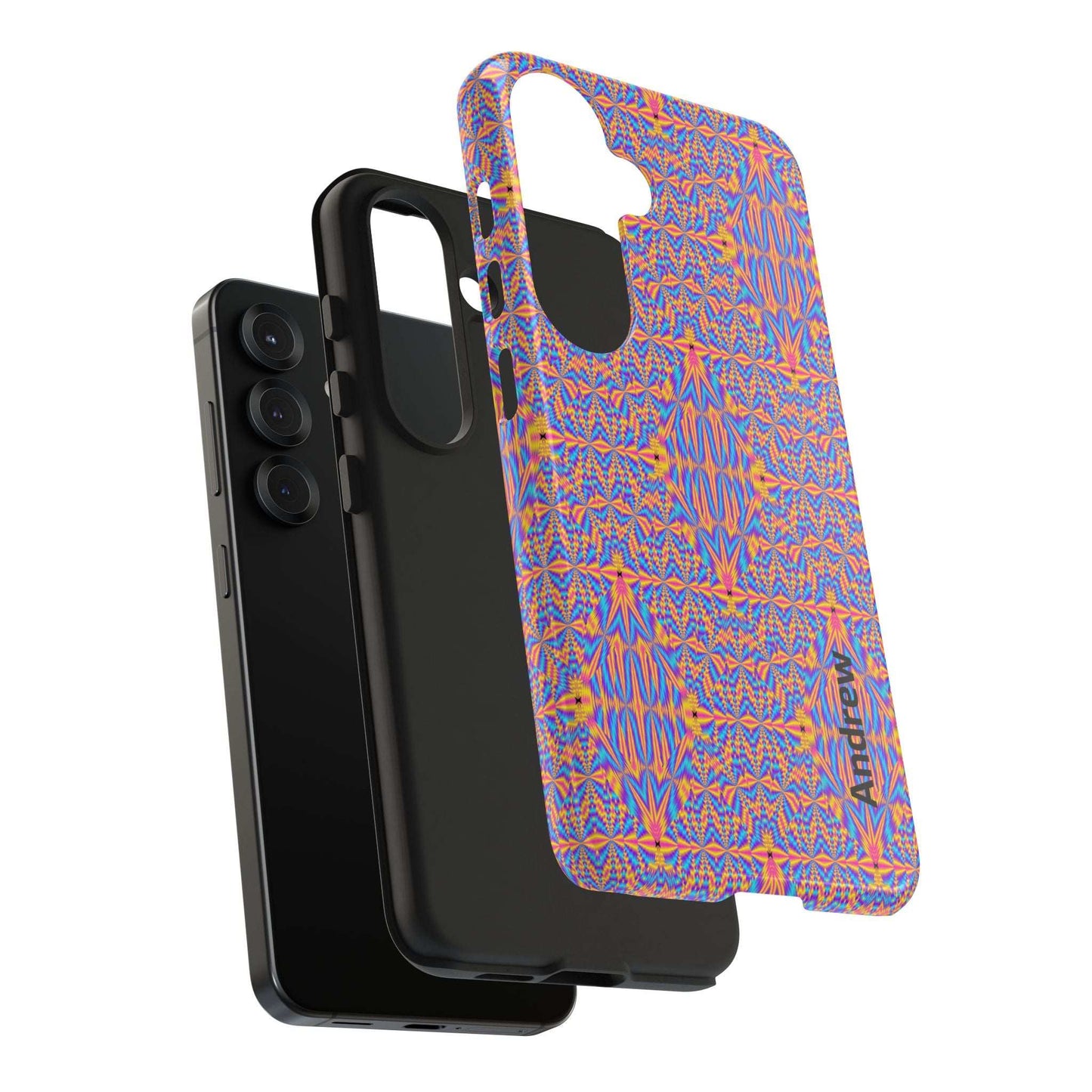 Psychedelic Geometric Tough Phone Case — Vibrant Orange & Purple Protective Cover