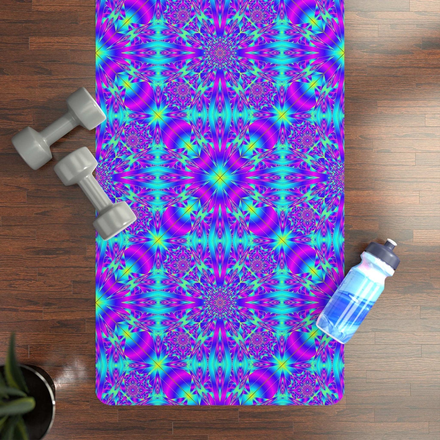 Vibrant Kaleidoscope Rubber Yoga Mat with non-slip purple teal pattern and microfiber suede surface