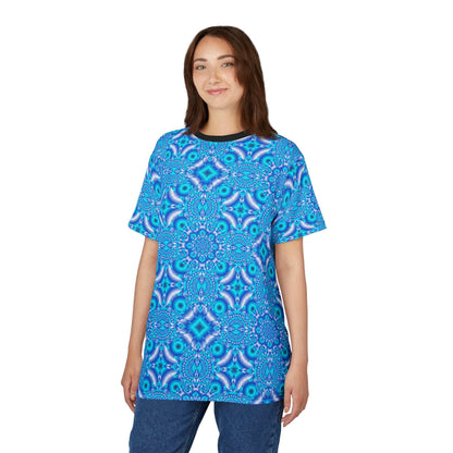 Blue Kaleidoscope all-over print t-shirt with vibrant blue kaleidoscopic pattern and black ribbed collar