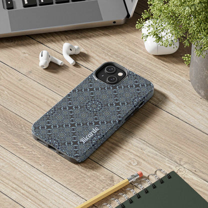 Protective phone case with blue mosaic mandala design and glossy finish