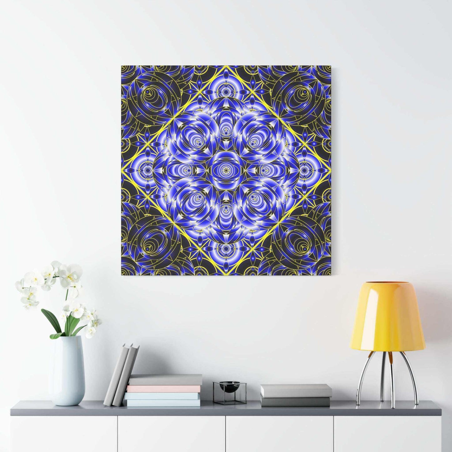 Blue Gold Kaleidoscope Canvas Wall Art – Abstract Geometric Stretched Print