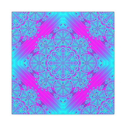 Vibrant Neon Mandala Canvas Art – Turquoise & Magenta Stretched Wall Decor