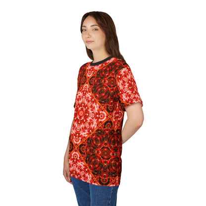 All-Over Red Kaleidoscope Tee — Vibrant Psychedelic Pattern Shirt