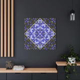 Blue and gold kaleidoscope abstract geometric canvas wall art with stretched matte finish