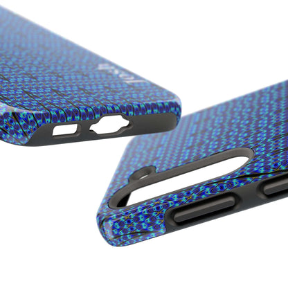 Slim blue geometric tough phone case with glossy finish and rubber liner for iPhone protection