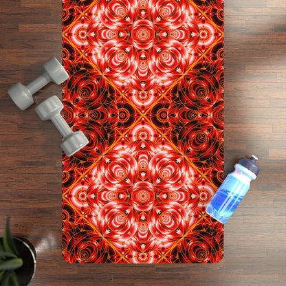 Red Mandala Flame Rubber Yoga Mat with floral geometric pattern, non-slip natural rubber base, and microfiber suede surface