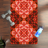 Red Mandala Flame Rubber Yoga Mat with floral geometric pattern, non-slip natural rubber base, and microfiber suede surface