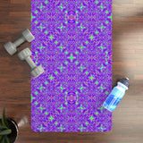 Purple Kaleidoscope rubber yoga mat with non-slip mandala pattern and microfiber suede top, 24x70 inches, 3mm thick