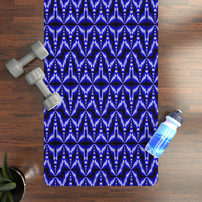 Indigo geometric patterned rubber yoga mat with microfiber suede top and non-slip natural rubber base, 24x72 inches, 3mm thick, lightweight with carrying strap