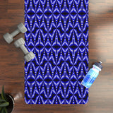 Indigo geometric patterned rubber yoga mat with microfiber suede top and non-slip natural rubber base, 24x72 inches, 3mm thick, lightweight with carrying strap