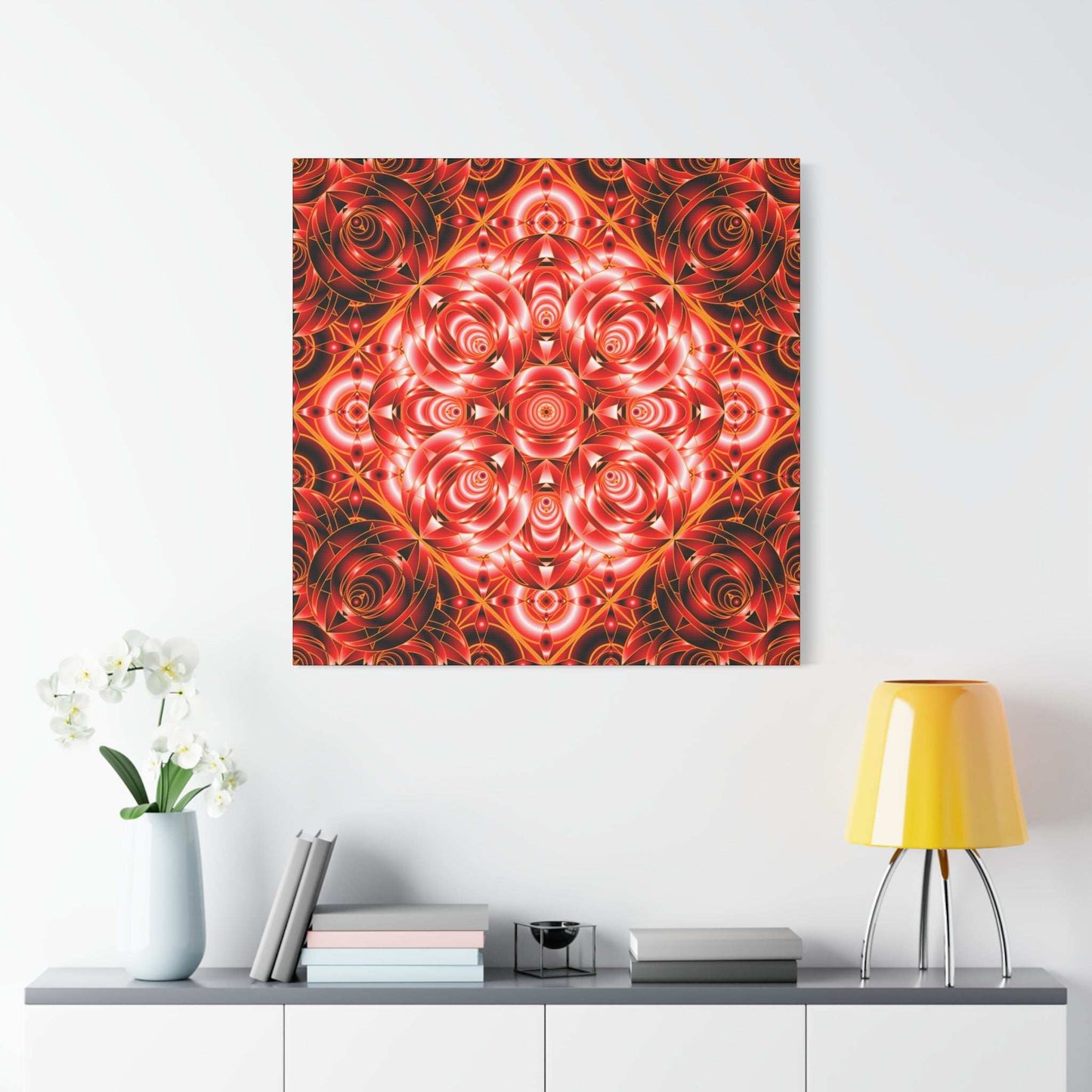 Red Rose Kaleidoscope Canvas Wall Art — Stretched Matte Floral Mandala