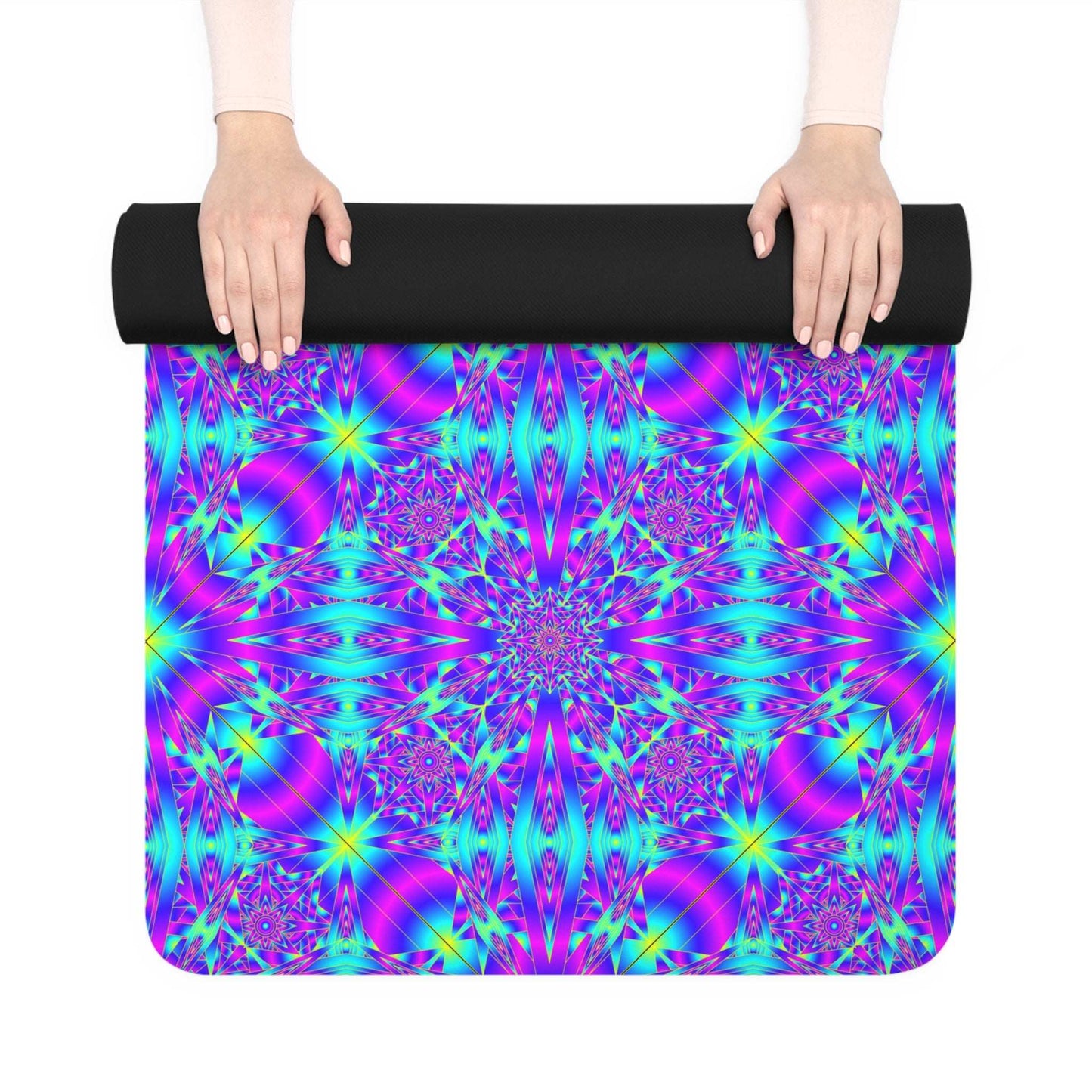 Vibrant Kaleidoscope Rubber Yoga Mat – Non-Slip Purple Teal Pattern
