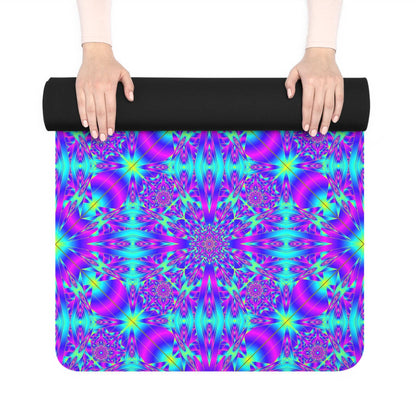 Vibrant Kaleidoscope Rubber Yoga Mat – Non-Slip Purple Teal Pattern