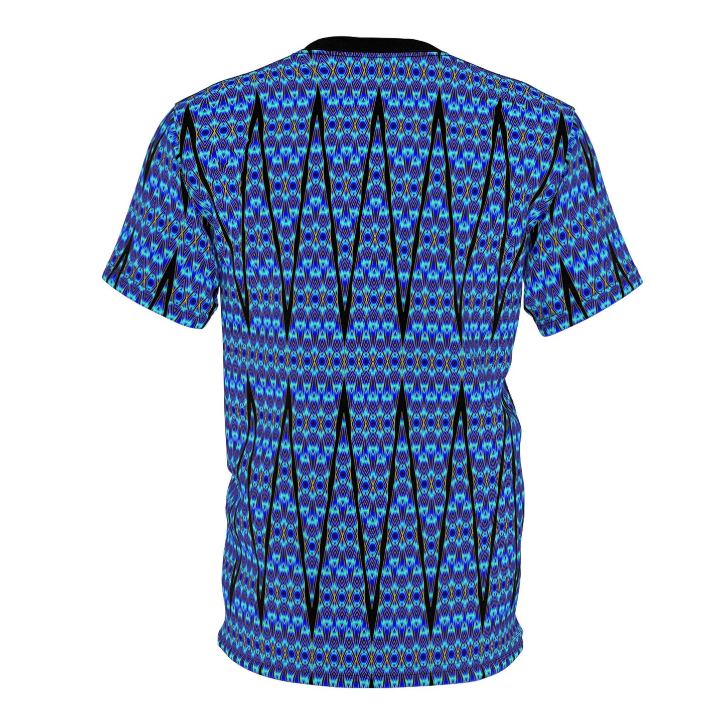 Blue Geometric All-Over Print Tee — Abstract Aztec Pattern