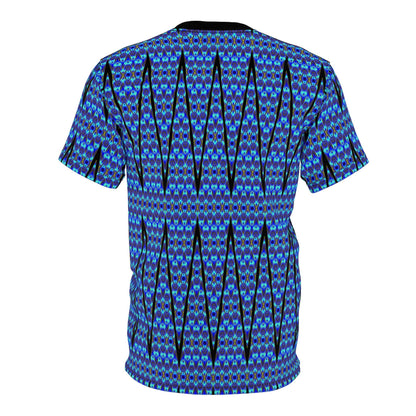 Blue Geometric All-Over Print Tee — Abstract Aztec Pattern