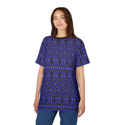 Blue Tribal Geometric All-Over Print Tee — Bold Patterned Graphic Shirt
