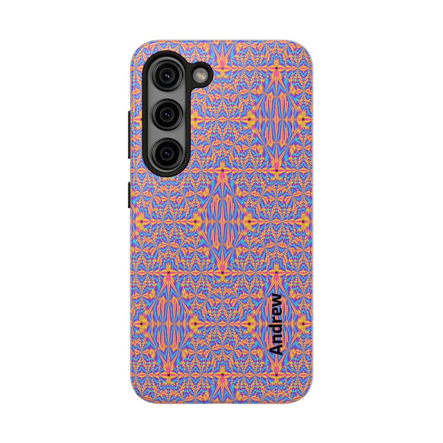 Psychedelic Geometric Tough Phone Case — Vibrant Orange & Purple Protective Cover