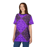 Purple geometric kaleidoscope tee with all-over print and diamond motifs, lightweight polyester shirt