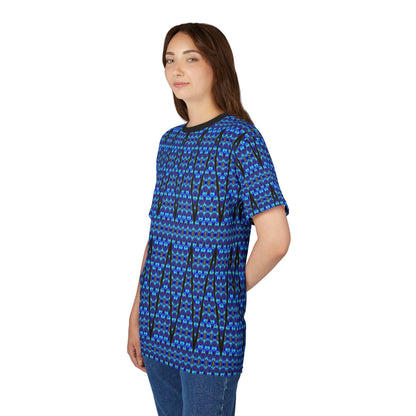 Blue Geometric All-Over Print Tee — Abstract Aztec Pattern
