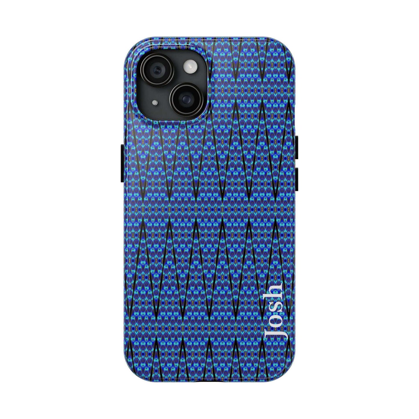 Slim blue geometric tough phone case with glossy finish and rubber liner for iPhone protection