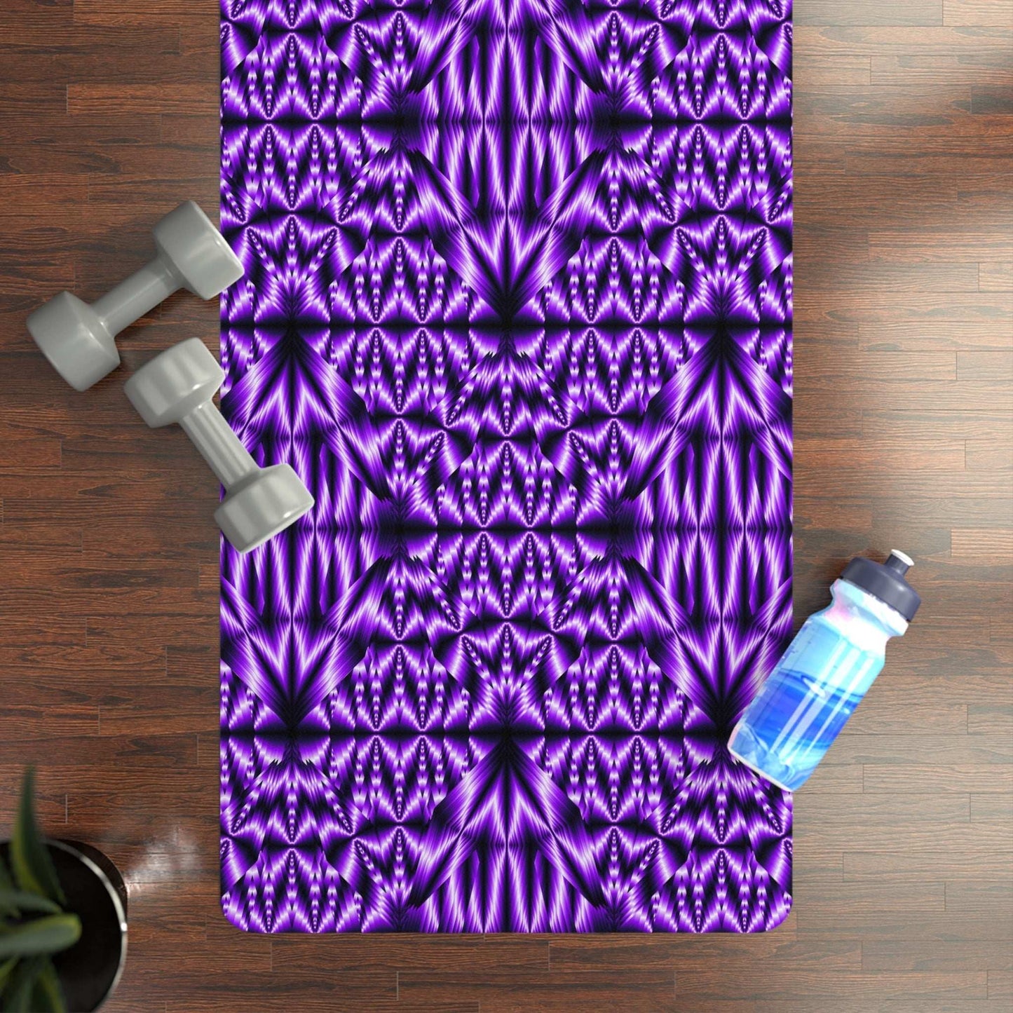 Purple Kaleidoscope Rubber Mat with microfiber suede top and non-slip natural rubber base, 24x70 inches, vibrant edge-to-edge design