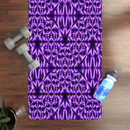 Purple Kaleidoscope Rubber Mat with microfiber suede top and non-slip natural rubber base, 24x70 inches, vibrant edge-to-edge design