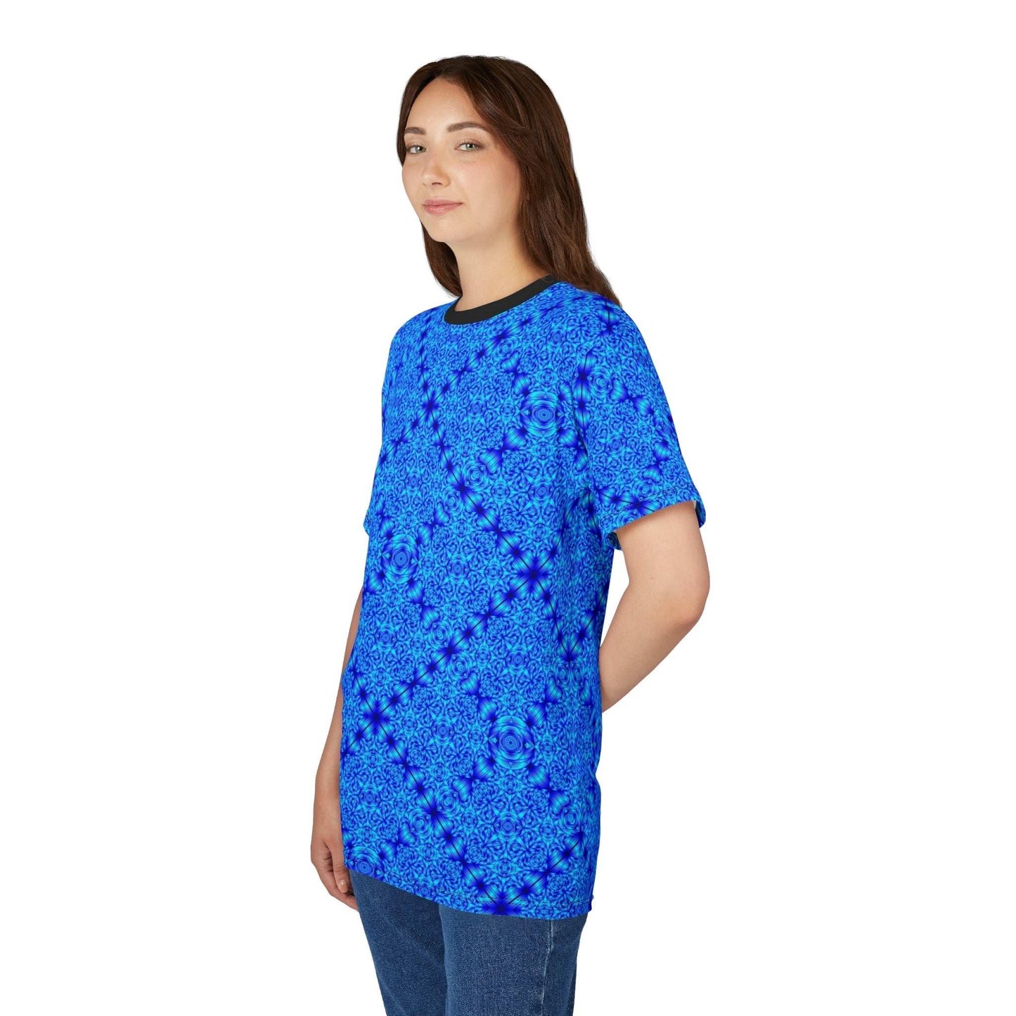 Blue Kaleidoscope All-Over Print Tee with vibrant glacier-blue kaleidoscopic design and regular fit