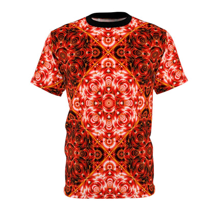 All-Over Red Kaleidoscope Tee — Vibrant Psychedelic Pattern Shirt