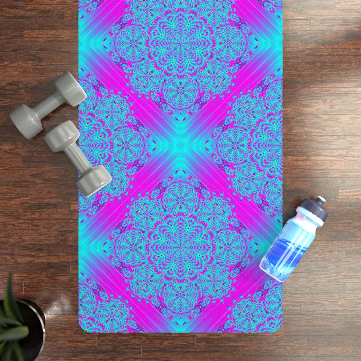 Vibrant mandala rubber yoga mat with neon turquoise and pink pattern, microfiber suede top, natural rubber base, 24x70 inches size, lightweight and portable with carrying strap